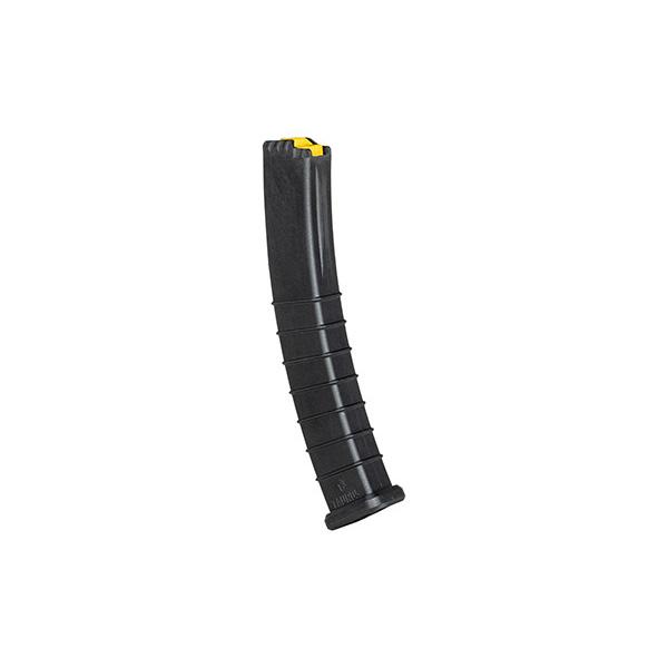 Black curved rifle magazine with yellow follower