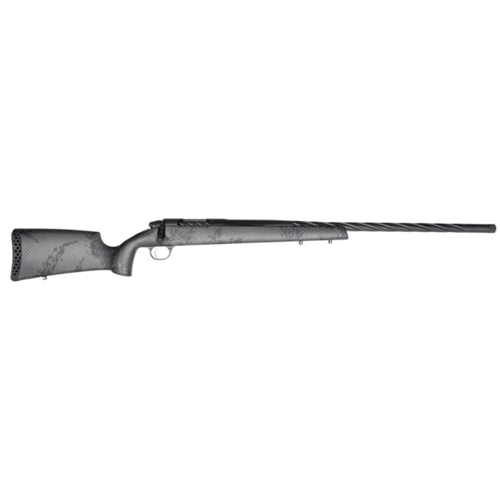 Carbon-fiber bolt-action rifle on a white background
