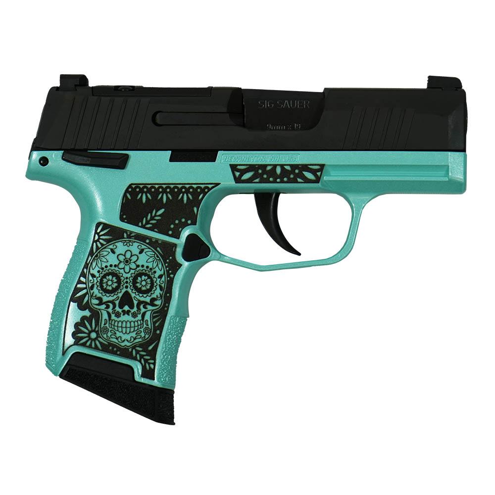 Turquoise and black Sig Sauer pistol with skull engraving