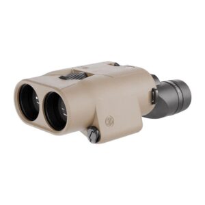 Tan and black compact binoculars on white background