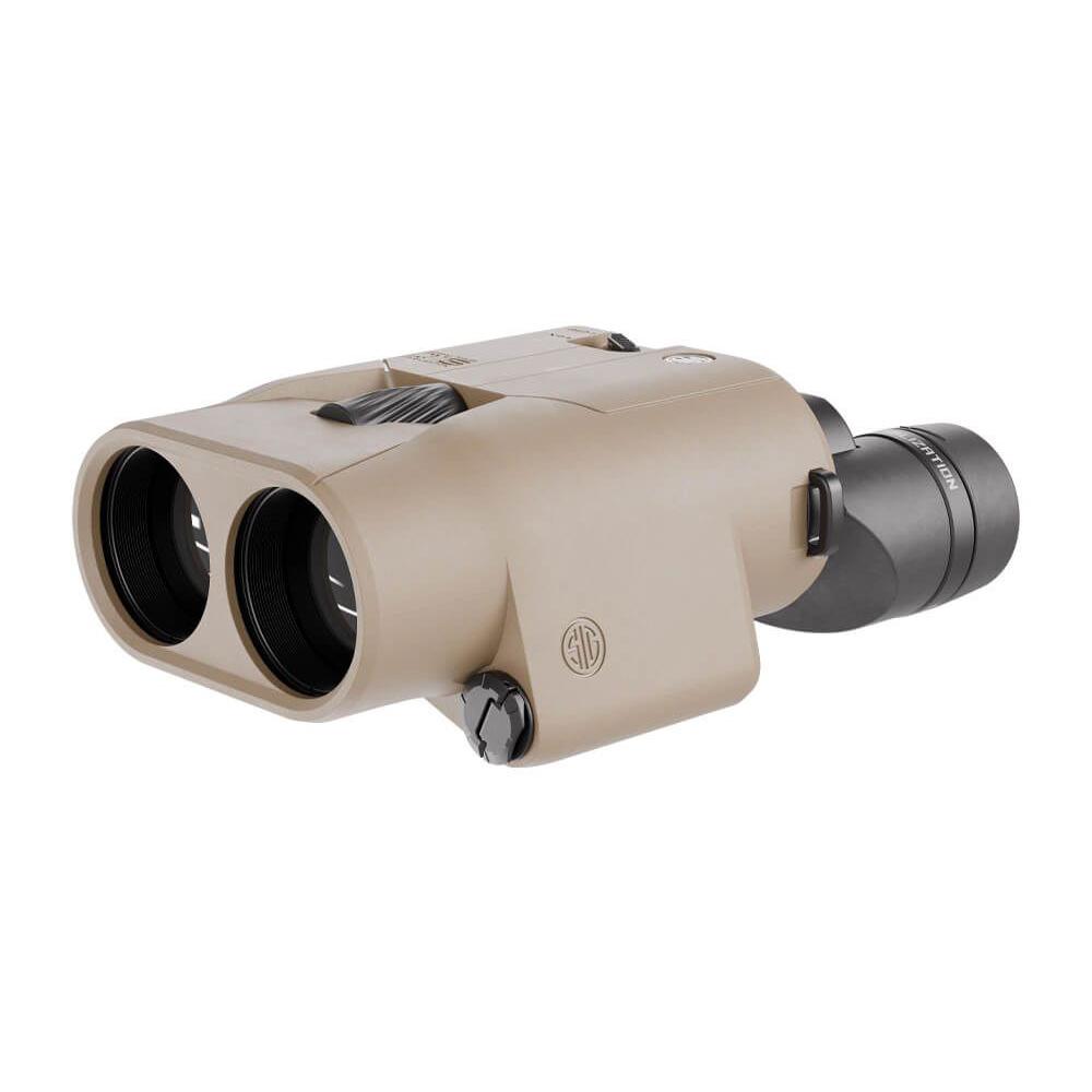 Tan and black compact binoculars on white background