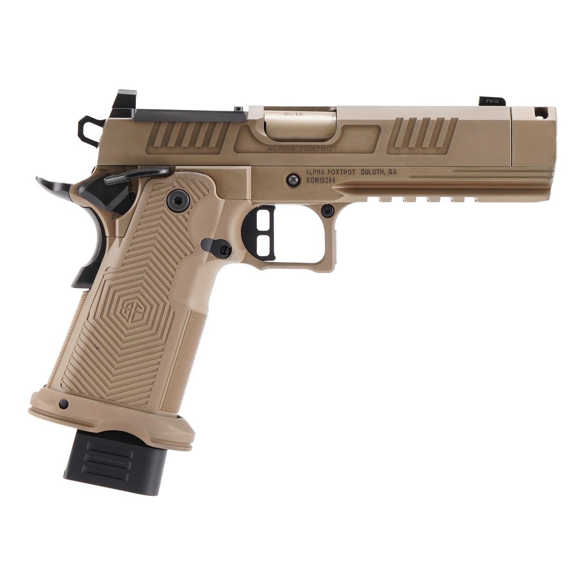 Tan Alpha Foxtrot semi-automatic pistol on white background