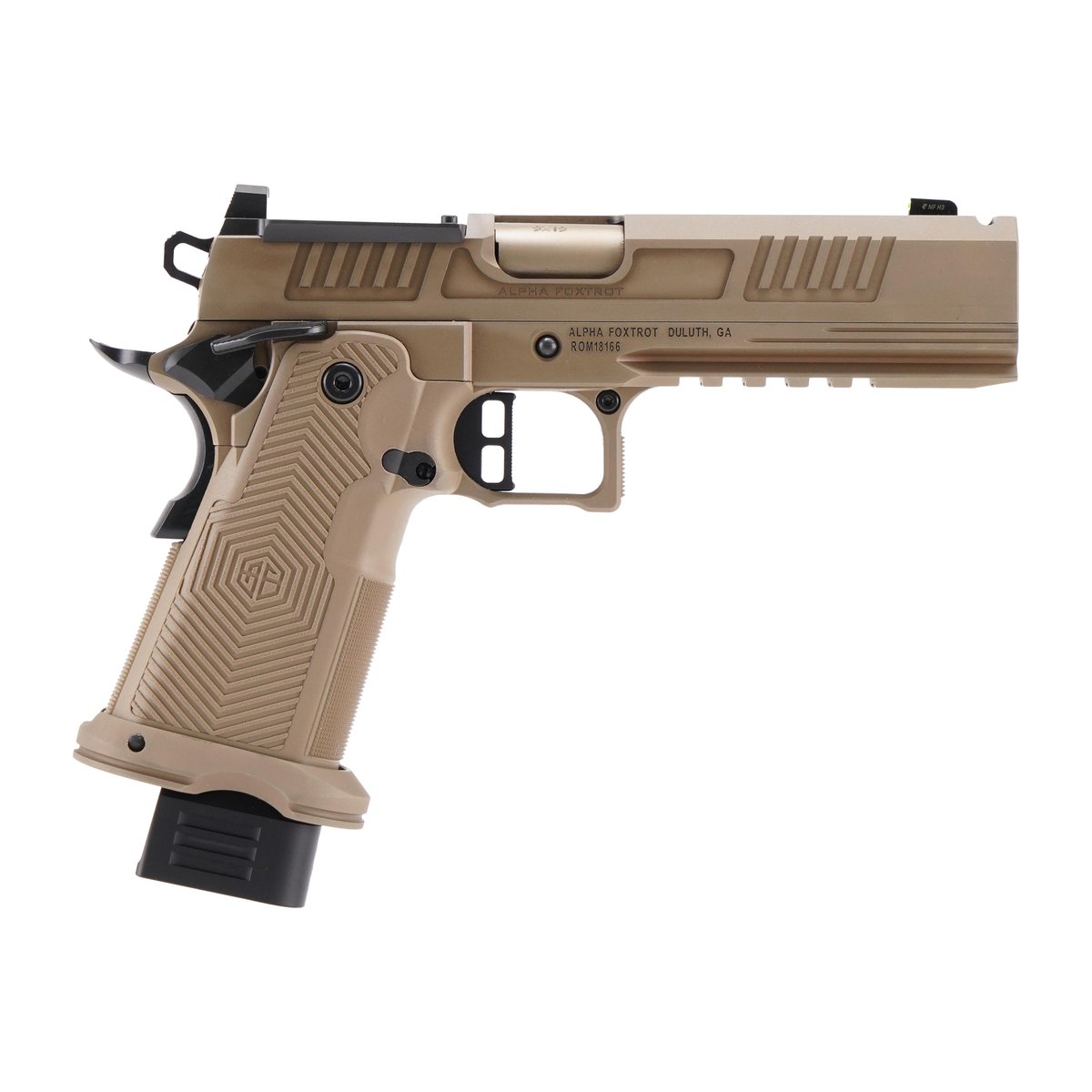 Tan semi-automatic pistol with textured grip and black controls