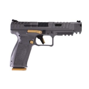 Black semi-automatic pistol with gold-colored accents