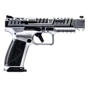 Silver and black semi-automatic handgun on white background