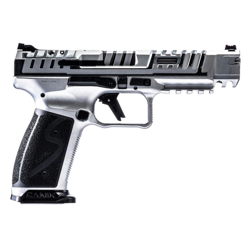Silver and black semi-automatic handgun on white background