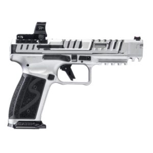Silver Canik semi-automatic pistol with mounted red-dot sight