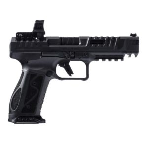 Black semi-automatic pistol with mounted red-dot sight