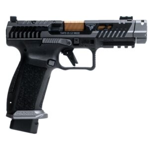 Black Canik semi-automatic pistol with bronze barrel
