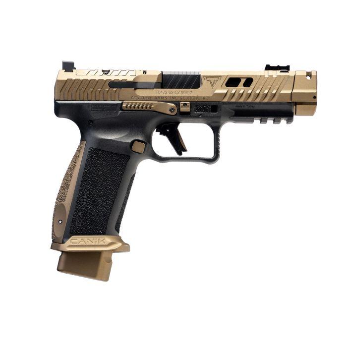 Tan and black semi-automatic pistol on white background