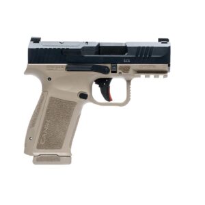Two-tone semi-automatic handgun on a white background