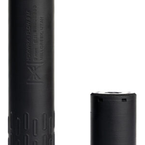Two black cylindrical firearm suppressor components on white background