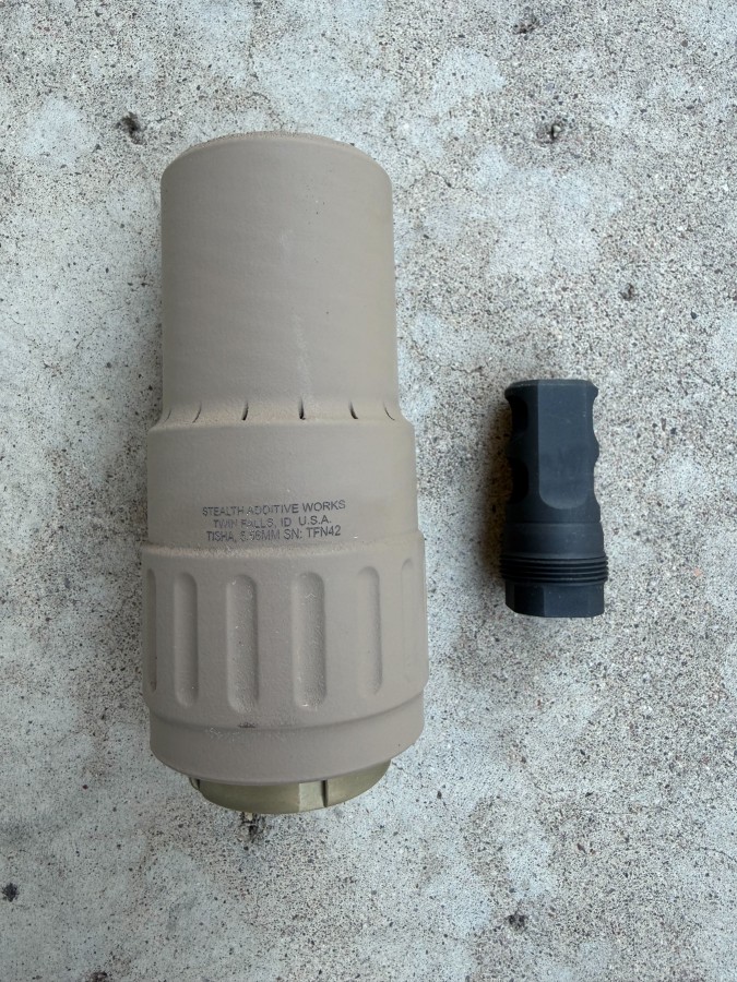 Stealth Additive Works Tisha 5.56/6mm Suppressor, Titanium, 4.1", 10.5 oz, FDE