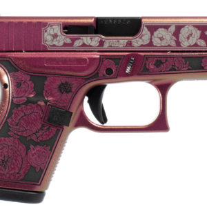 Pink floral-patterned semi-automatic handgun on white background