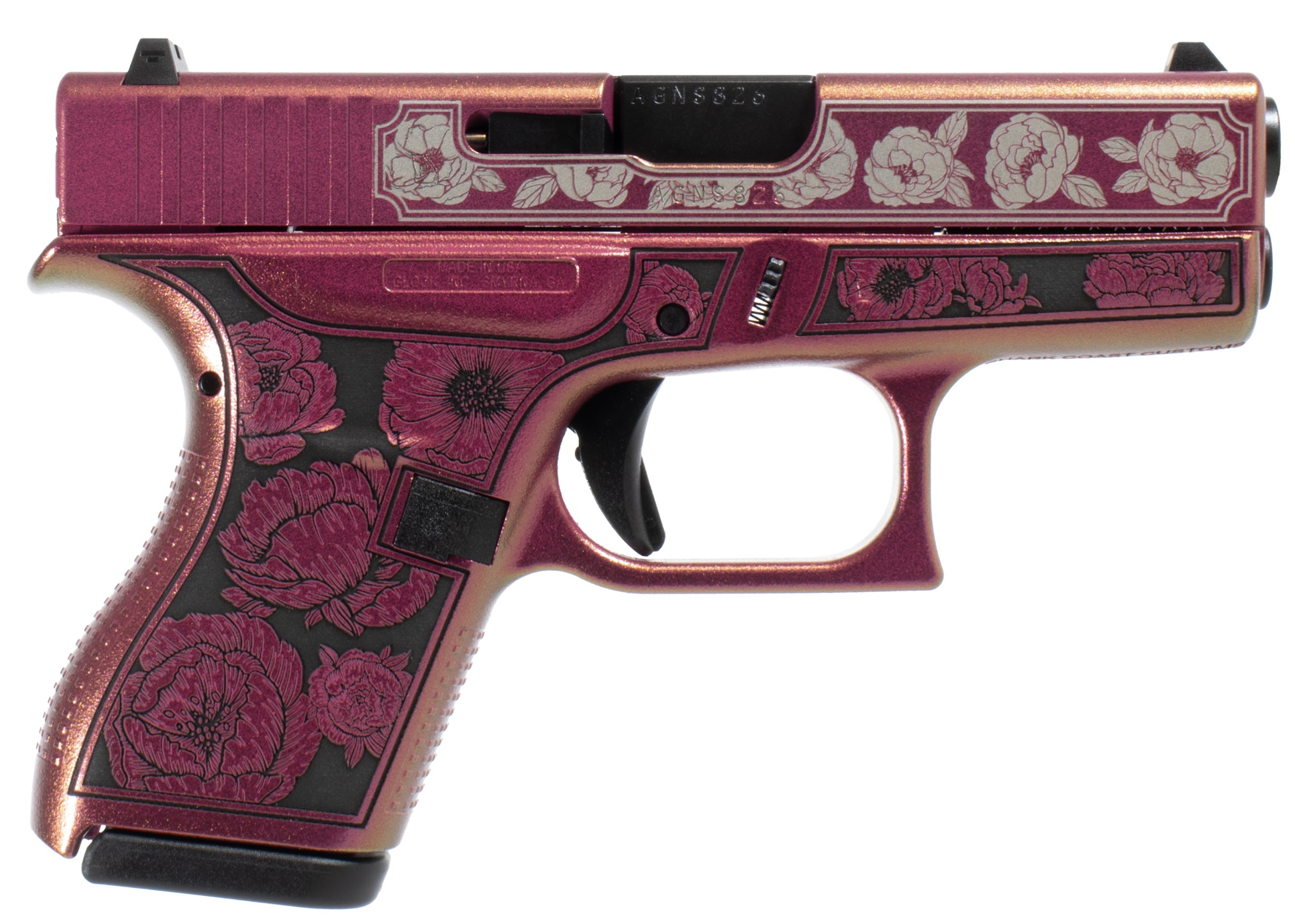 Pink floral-patterned semi-automatic handgun on white background