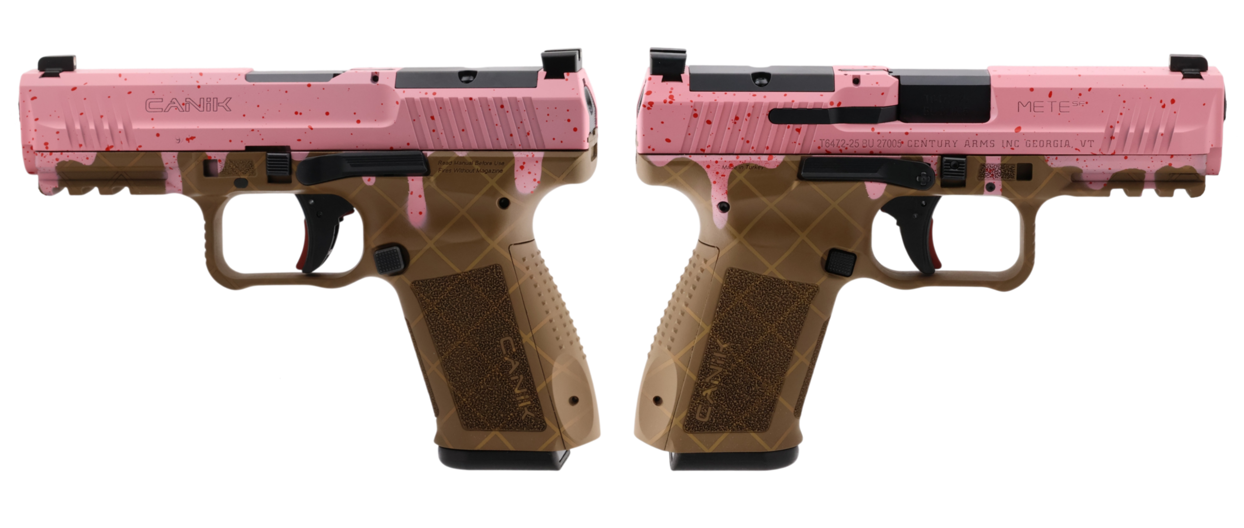 Pink and tan Canik firearm with red splatter pattern