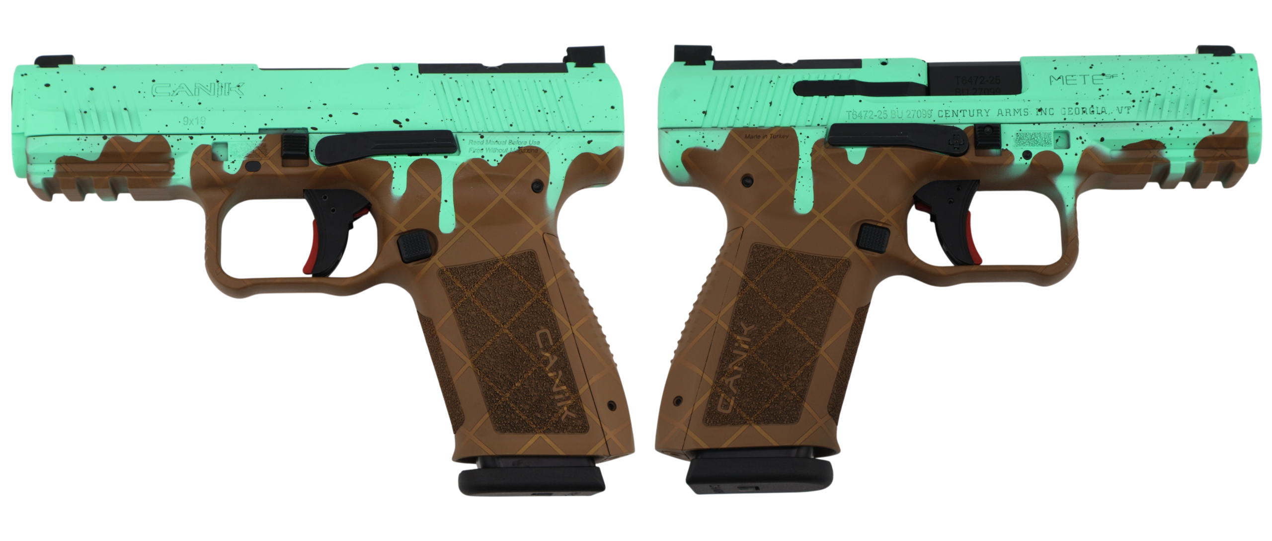 Camouflage-finished Century Arms firearm receiver with black components