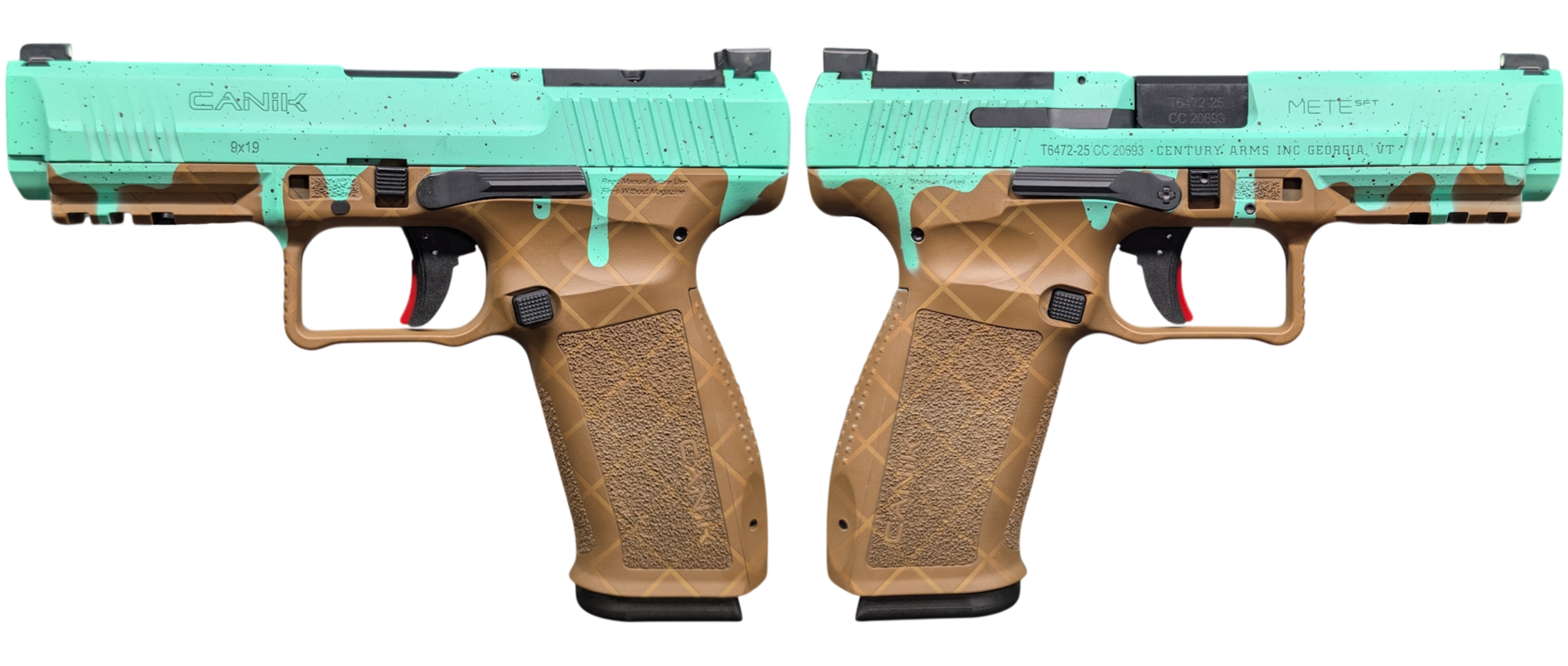 Turquoise and tan Canik semi-automatic pistol close-up