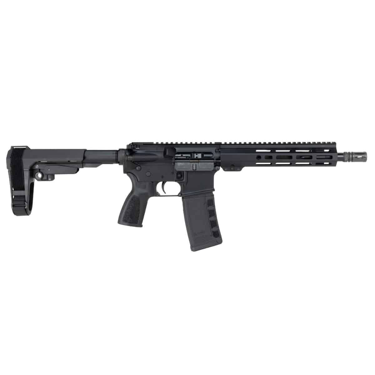 Black AR-style rifle with adjustable brace and magazine