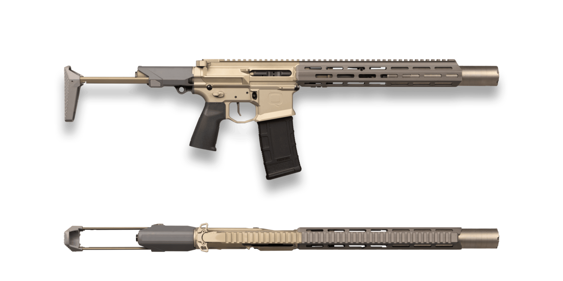 Tan AR-style rifle with folding stock and suppressor