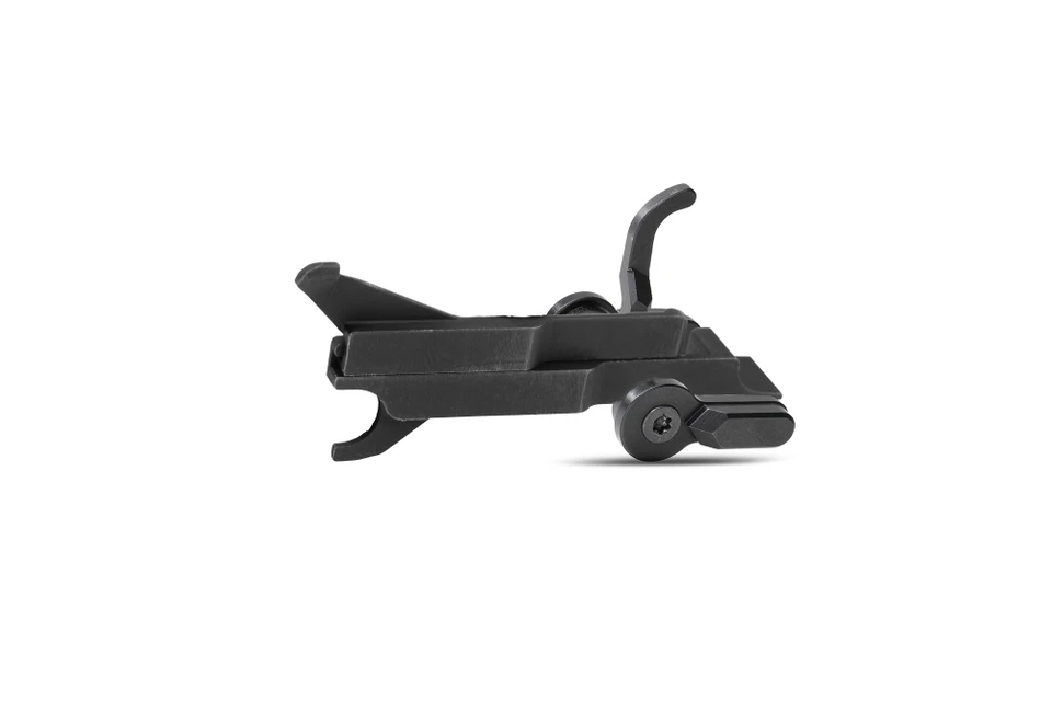 Black folding firearm sight assembly on white background