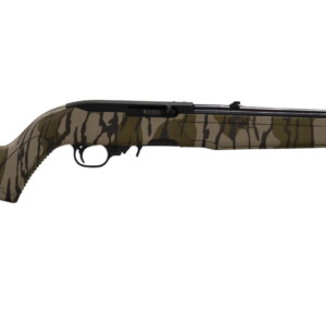 Camouflage-patterned Ruger rifle shown in side profile