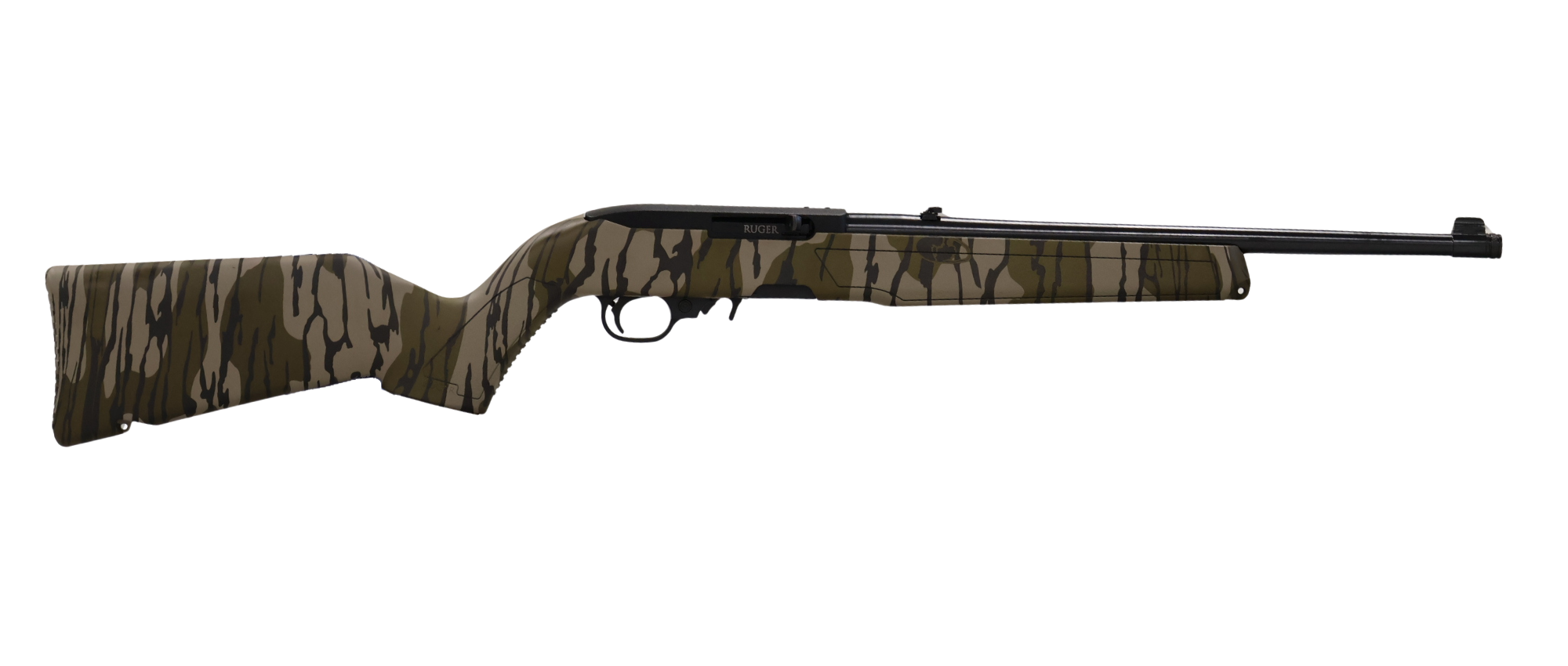 Camouflage-patterned Ruger rifle shown in side profile