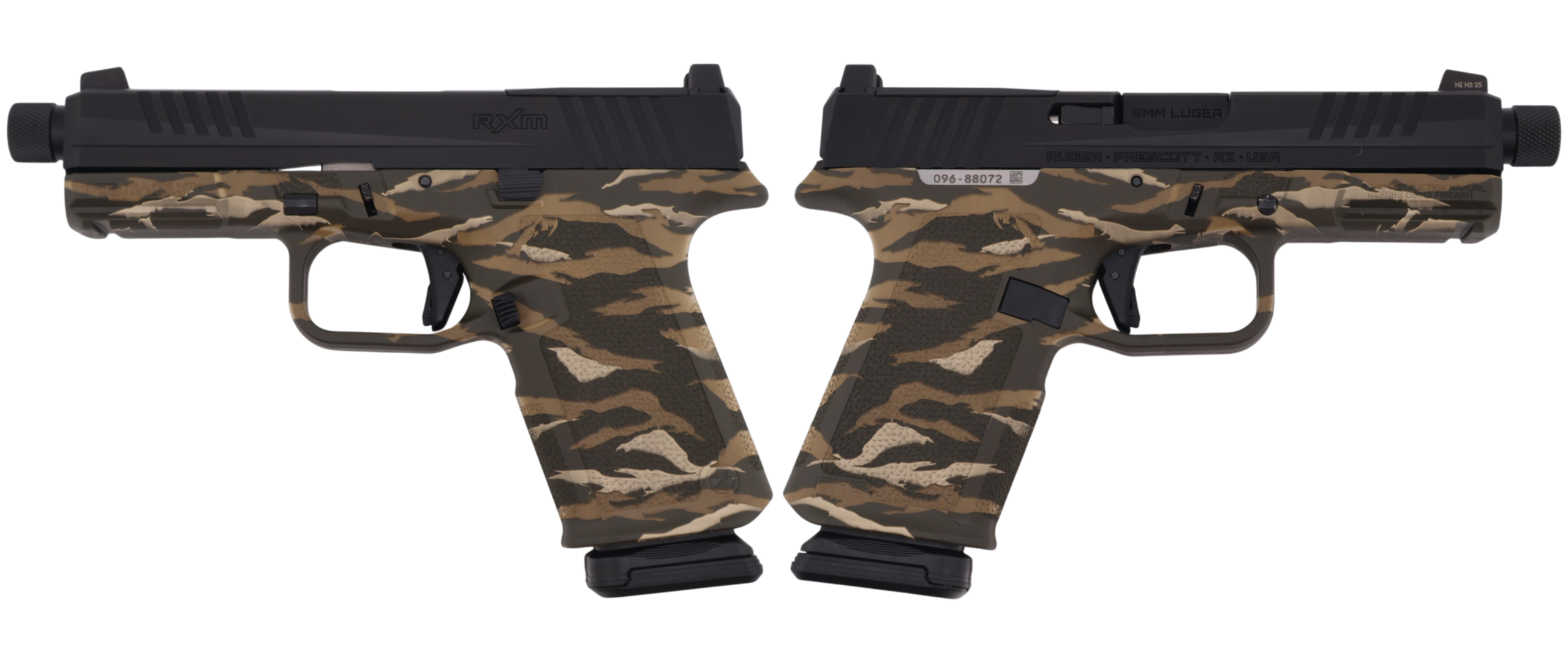 Camouflage-patterned Ruger RXM semi-automatic pistol close-up