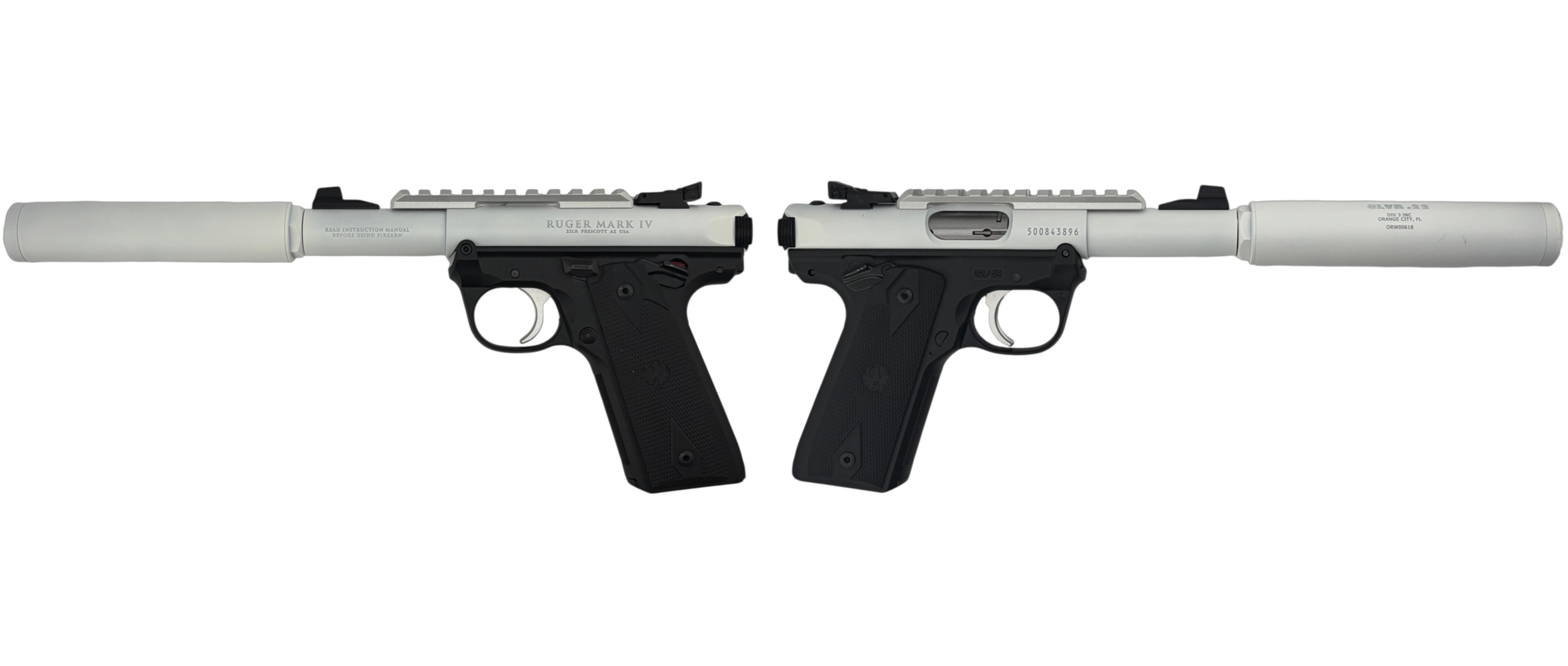 Close-up of Ruger Mark IV pistols on white background