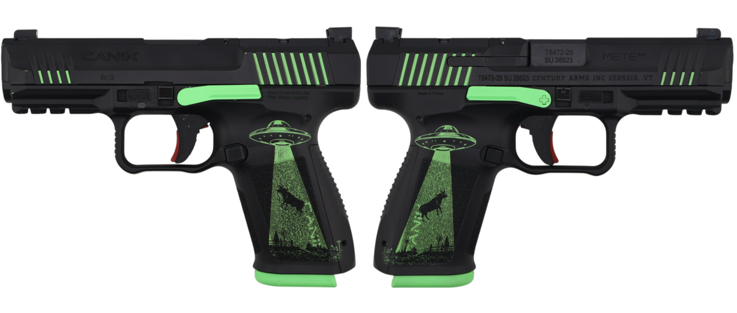 Black and green Canik pistols on white background