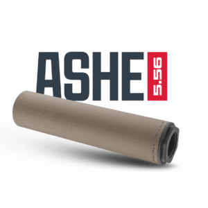 ASHE 5.56 rifle suppressor beside ASHE logo