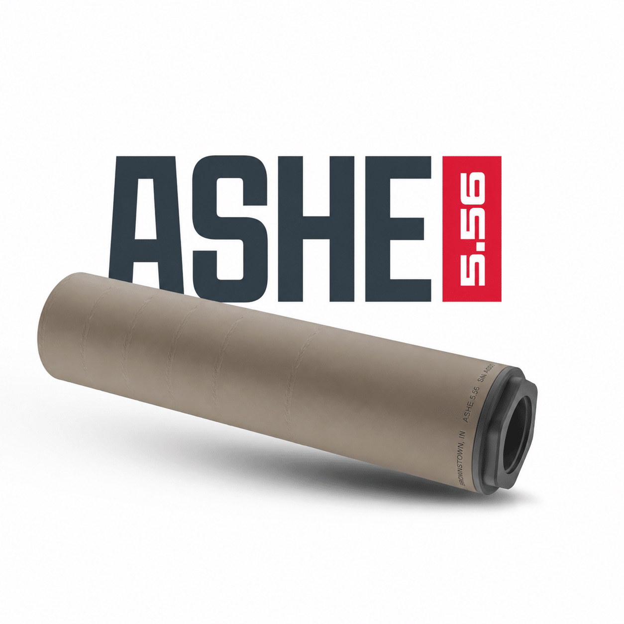ASHE 5.56 rifle suppressor beside ASHE logo