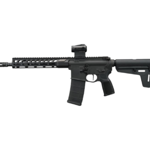 Black AR-style rifle with optic on black background