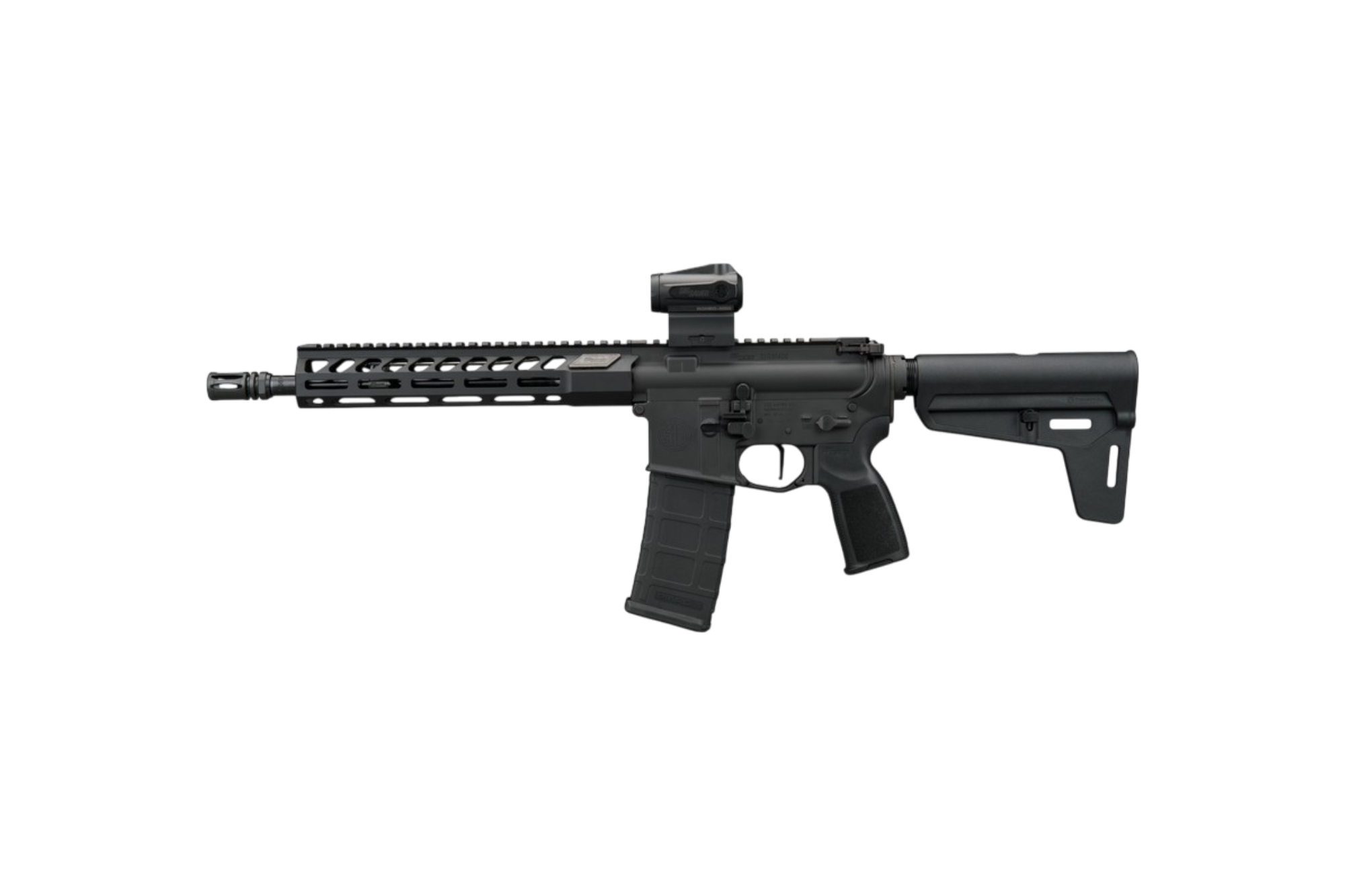 Black AR-style rifle with optic on black background