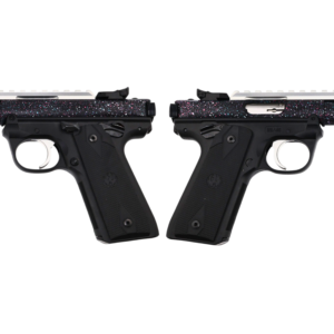 Two black firearms with colorful galaxy-speckled finishes