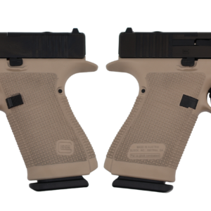 Tan and black Glock pistol shown from both sides