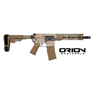 Tan AR-style rifle with adjustable brace and magazine