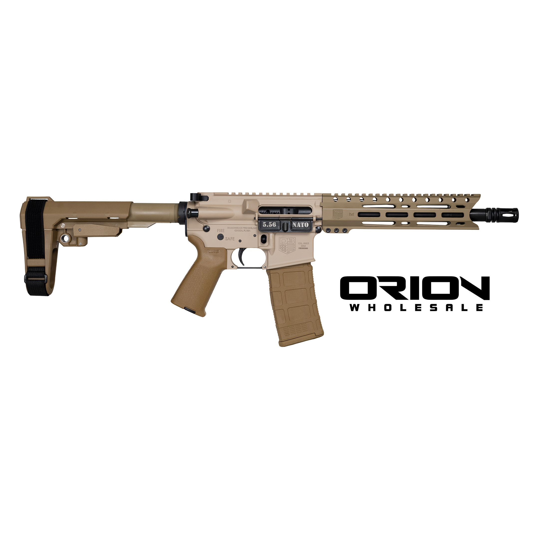 Tan AR-style rifle with adjustable brace and magazine