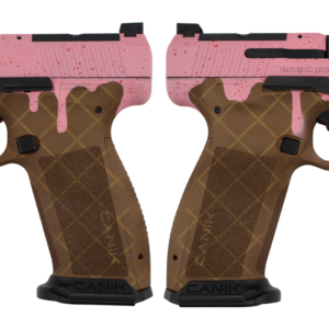 Pink and brown Canik handgun with red splatter design
