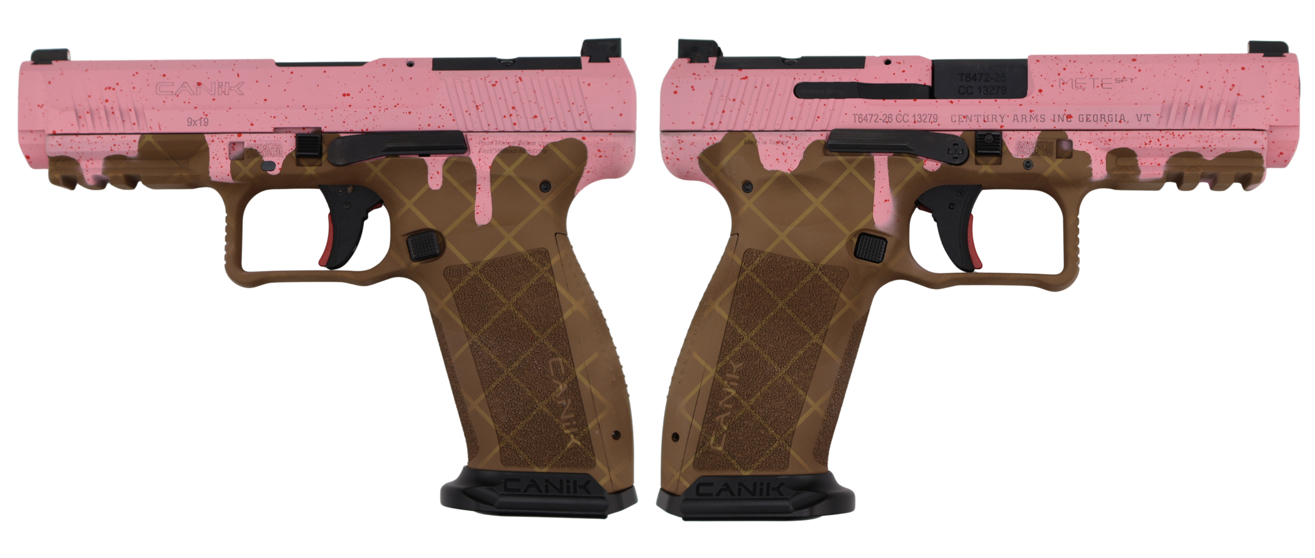 Pink and brown Canik handgun with red splatter design