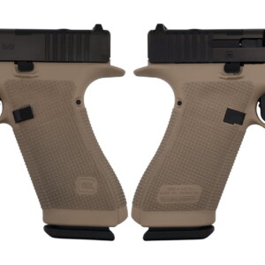 Two-sided view of tan Glock 17 Gen 6 pistol
