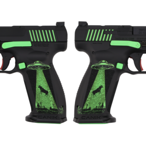 Two black Canik METE pistols with neon green accents