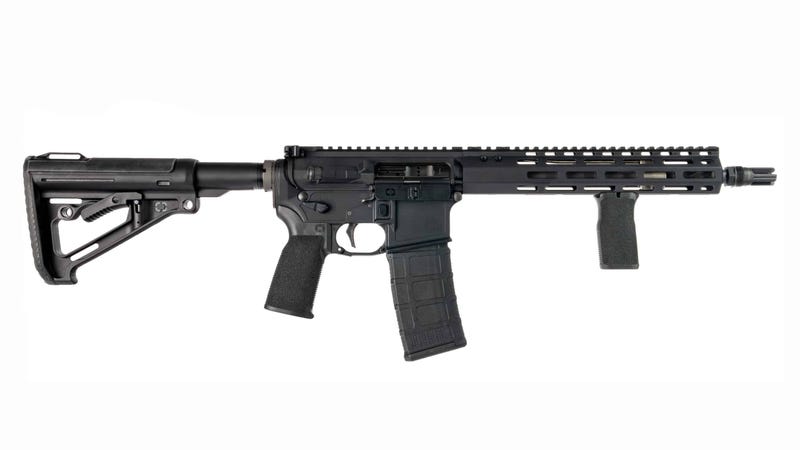Black AR-style semi-automatic rifle on white background