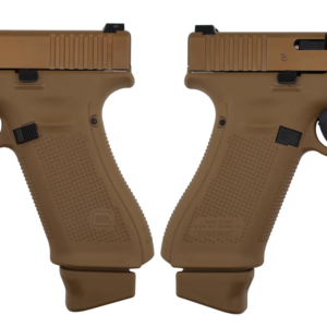 Close-up of tan Glock 19X 9mm pistol