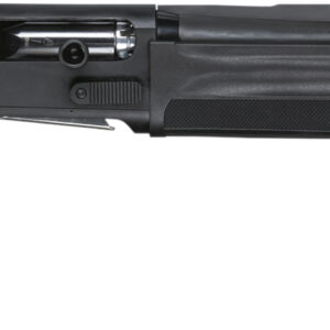 Black semi-automatic shotgun with ventilated barrel on white background