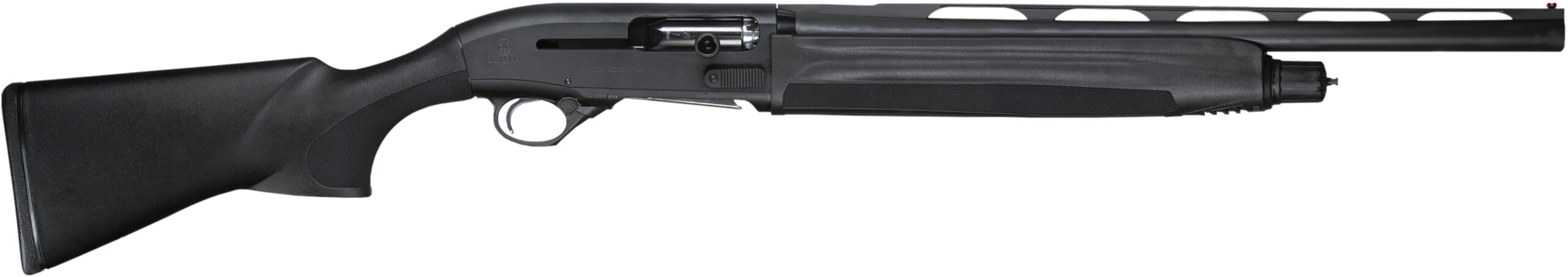 Black semi-automatic shotgun with ventilated barrel on white background