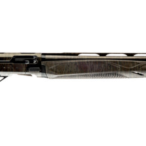 Camouflage-patterned semi-automatic shotgun on white background