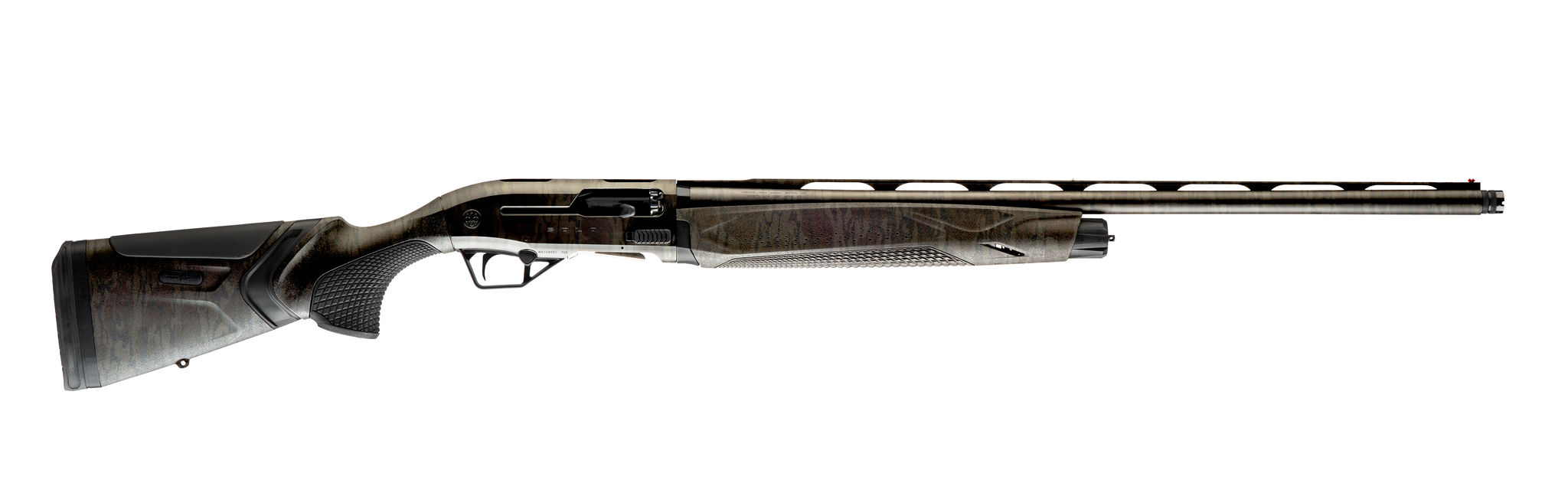 Camouflage-patterned semi-automatic shotgun on white background