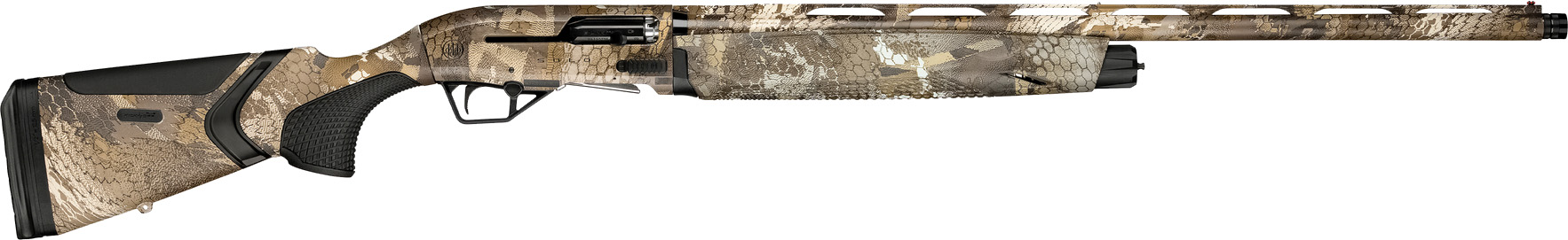 Camouflage-patterned semi-automatic hunting shotgun on white background
