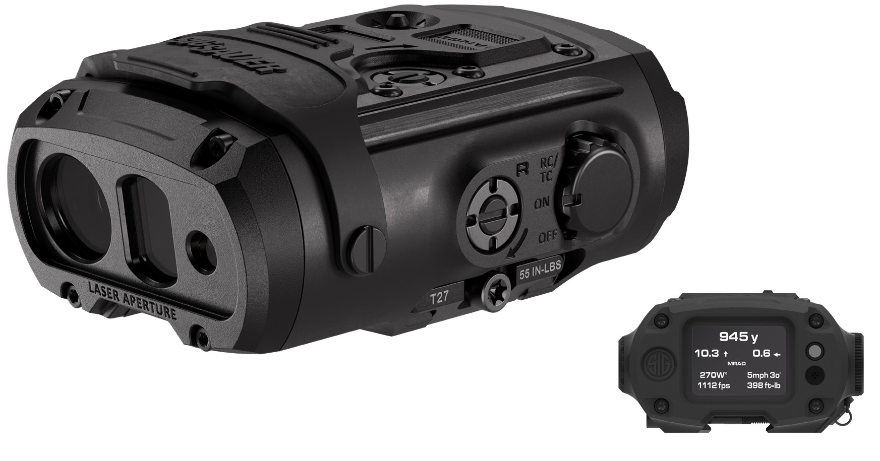 Black rifle-mounted laser rangefinder with ballistic display